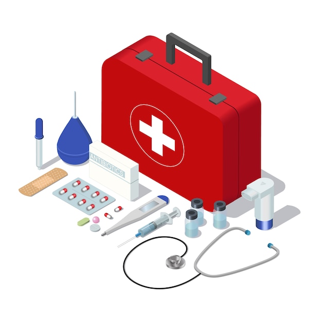 Vector isometric set of isolated doctor case first aid kit tools and medicaments.