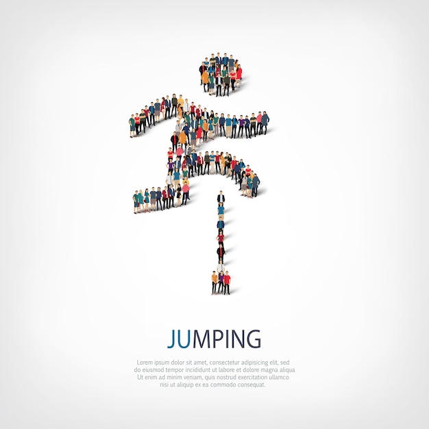 Isometric set of jumping, man , web infographics concept of a crowded square