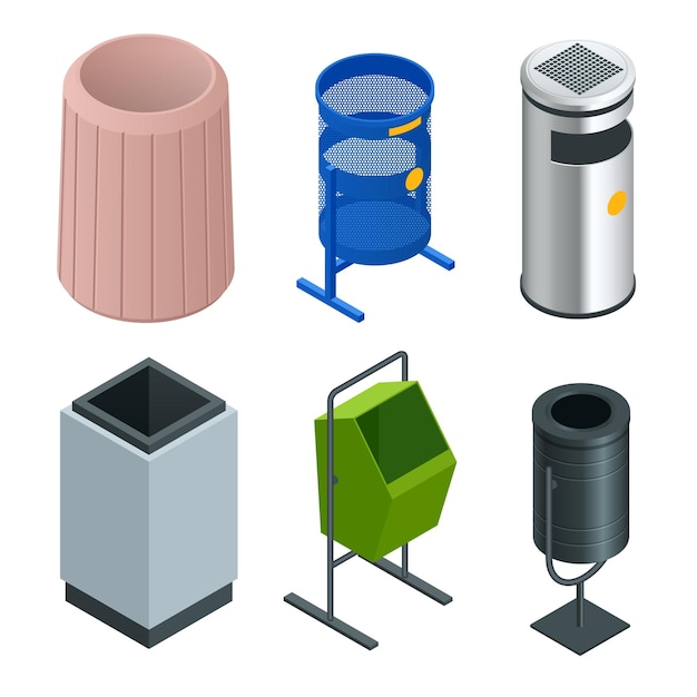 Vector isometric set of metal basket bin for waste paper in office empty trash clean garbage bin vector illustration