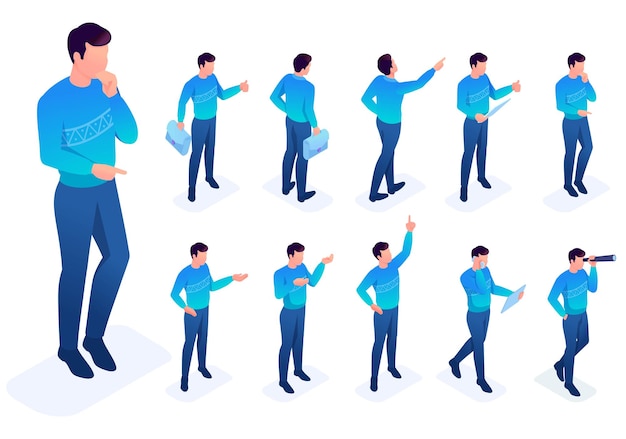 Isometric set of movements and poses of a young man character To create vector illustrations