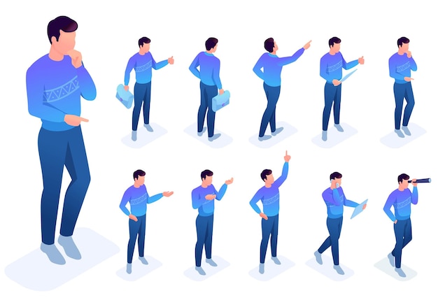 Isometric set of movements and poses of a young man To create vector illustrations