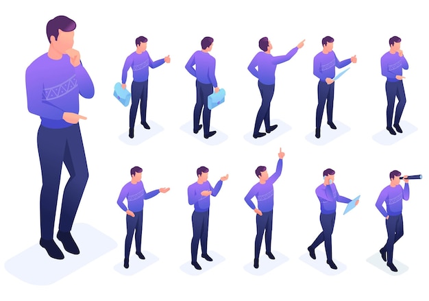 Vector isometric set of movements and poses of a young man and young girls to create vector illustrations