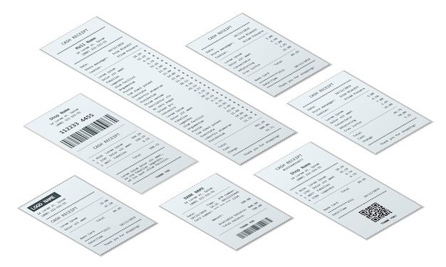 Set isometrico di registrazioni di ricevute, modello di progettazione di bancomat, assegno finanziario cartaceo per mockup. fatture cartacee di pagamento realistiche per transazioni in contanti o con carta di credito.