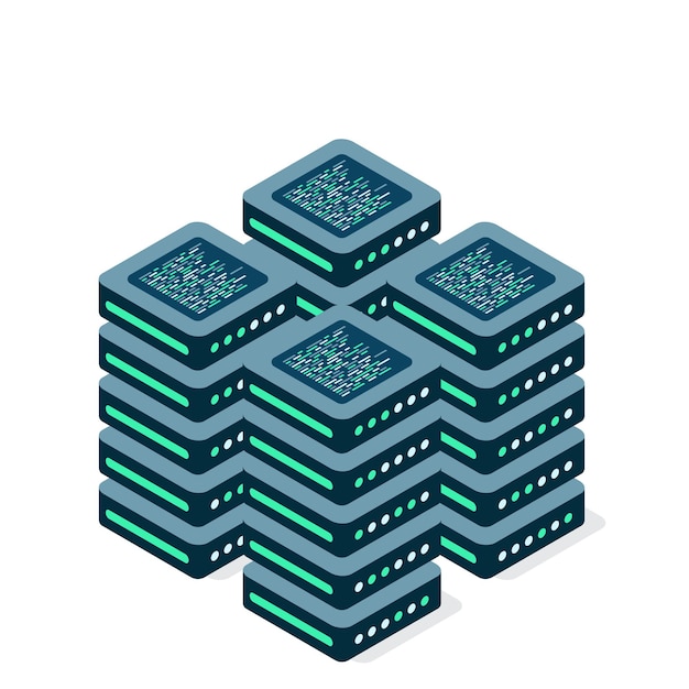 Isometric set server equipment Computer storage or farming workstation Datacenter storage room objects Blockchain server concept Vector illustration