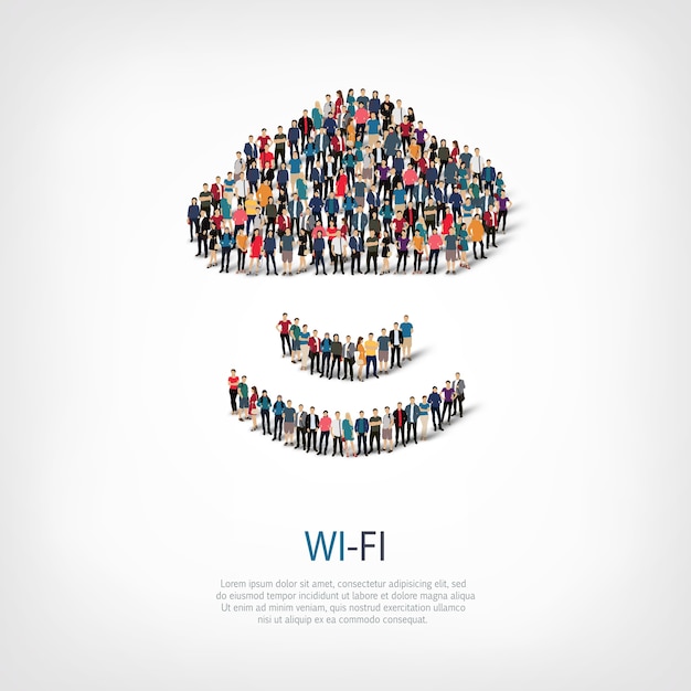 붐비는 광장의 스타일 추상, Wi-Fi, 기호 웹 인포 그래픽 개념의 아이소 메트릭 세트