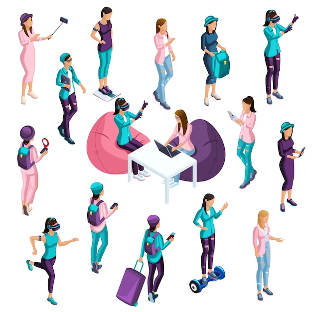 Vector isometric set of teenage girls 3d freelancers bloggers and programmers