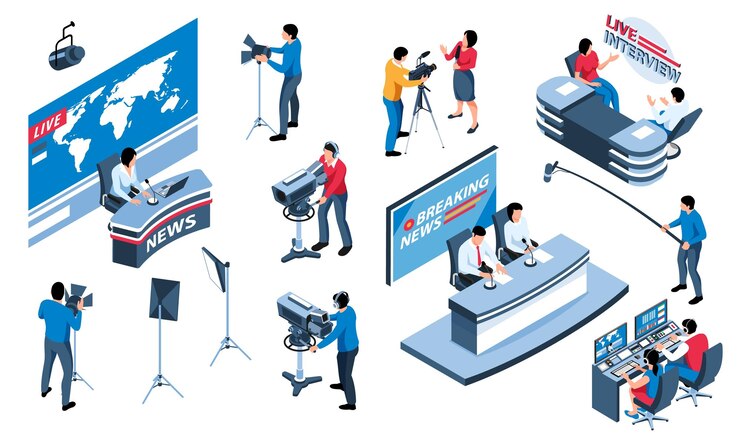 Vector 흰색 배경 벡터 일러스트 레이 션에 대해 격리 직장에서 tv 스튜디오 인테리어 요소 카메라맨 뉴스 캐스터의 아이소메트릭 세트