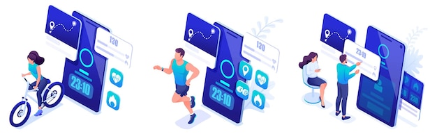 Vector isometric set of vivid concepts with mobile app to track your location and distance during training