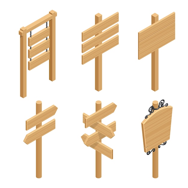 Vector isometric set of a wooden signboards. empty cartoon banner. arrow, plank with cracks. wood material elements. flat vector illustration for space for text.