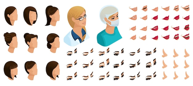 Isometric sets of 3d hairstyles faces eyes lips nose facial expression create your doctor