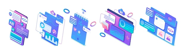 Изометрические наборы концепций экраны смартфонов и открытые мобильные приложения Яркий дизайн для веб-дизайна
