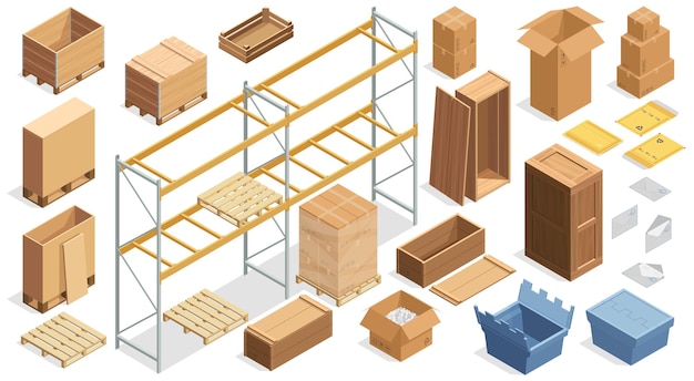 Isometric shipping packages closed cardboard carton boxes open corrugated wooden crates delivery cargo containers vector isolated set