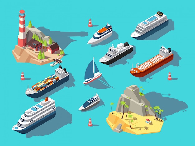 Vector isometric ships. boats and sailing vessels, ocean tropical island with lighthouse and beach. 3d  illustration