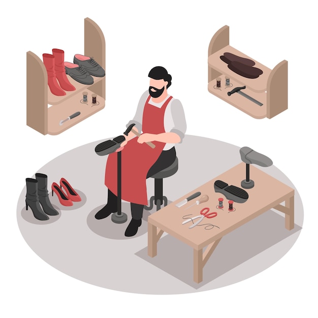 Vector isometric shoemaker repairing shoes by hand illustration