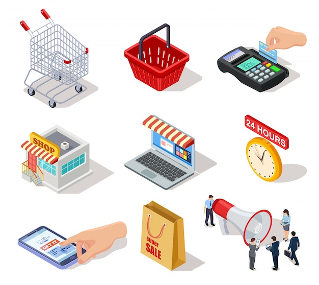 Isometric shopping icons. ecommerce store, online shop and internet purchasing 3d  marketing symbols