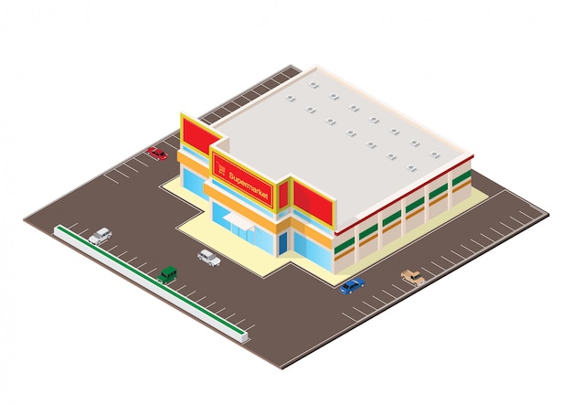 Centro commerciale isometrico o icona della costruzione del supermercato