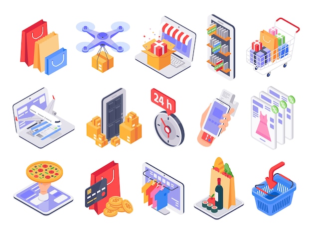 Vector isometric shopping. online shop, market delivery and store sales. internet purchasing and grocery products  illustration set