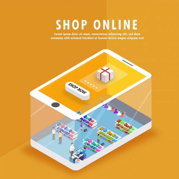 Vector isometric shopping store on a smartphone.