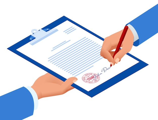 Isometric signed a contract with a stamp document with a signature the form of the document business financial agreement or contract