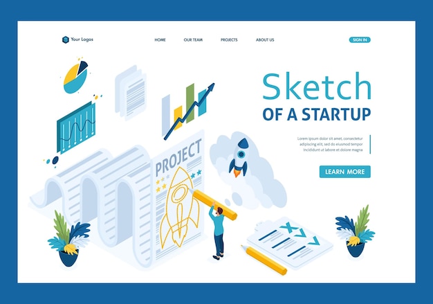 Isometric sketch a startup and paper design sketch businessman Template landing page