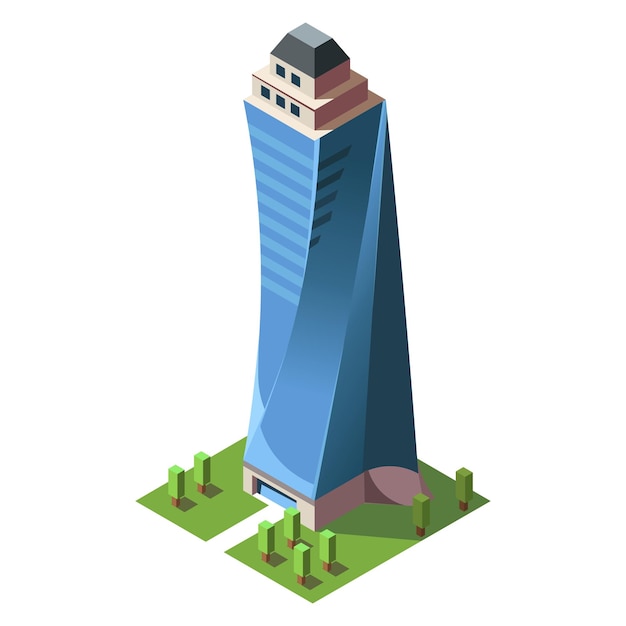 Vector isometric skyscraper building business office and commercial towers city development in 3d design finance cityscape architecture street elements for map vector illustration