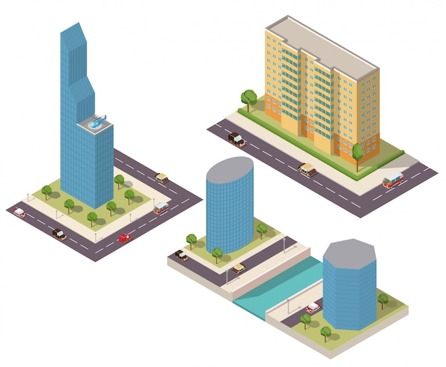 Isometric skyscrapers of a building with roads and cars.