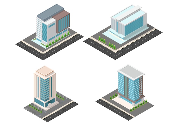 Набор офисных зданий Изометрические небоскребы. Изоляция на белом.