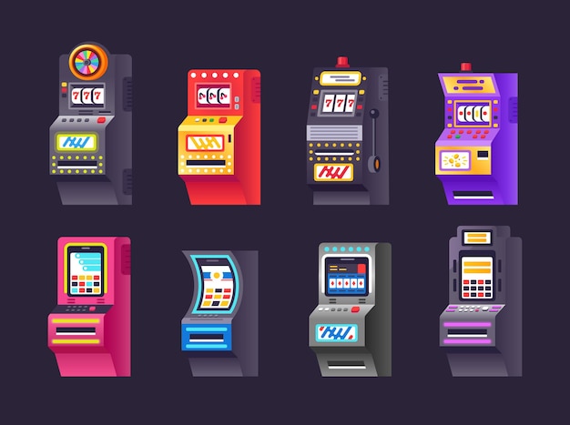 아이소메트릭 슬롯 머신 세트입니다. 돈과 상금을 위한 현대 도박 장치. 화면, 버튼 및 조이스틱이 있는 오락 우연의 일치 빙고 잭팟. 아케이드 게임 재생 만화 벡터