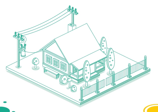 Isometric Small House with Electric Pole and Transformer on It Electric Energy Distribution Chain Outline Concept