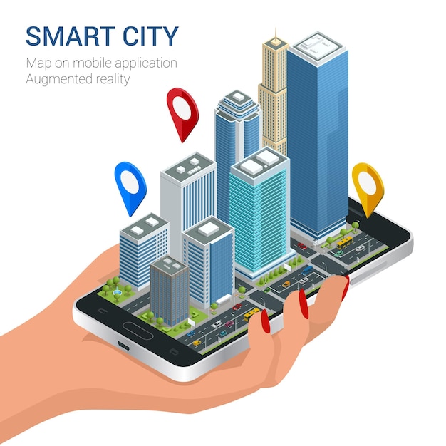 アイソメトリックスマートシティのコンセプト。モバイルGPSナビゲーションと追跡の概念。画面に都市地図のパスと位置マークが付いたスマートフォンを持っている手。