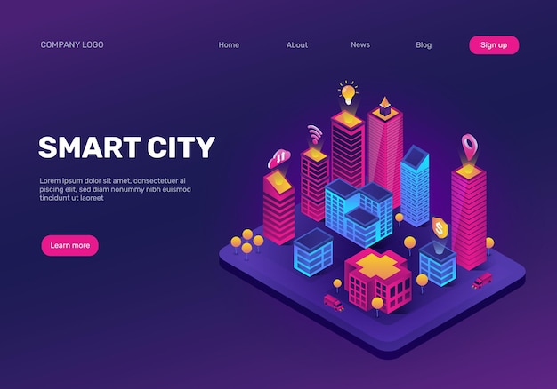 Vector isometric smart city landing page futuristic cityscape with abstract neon future buildings vector