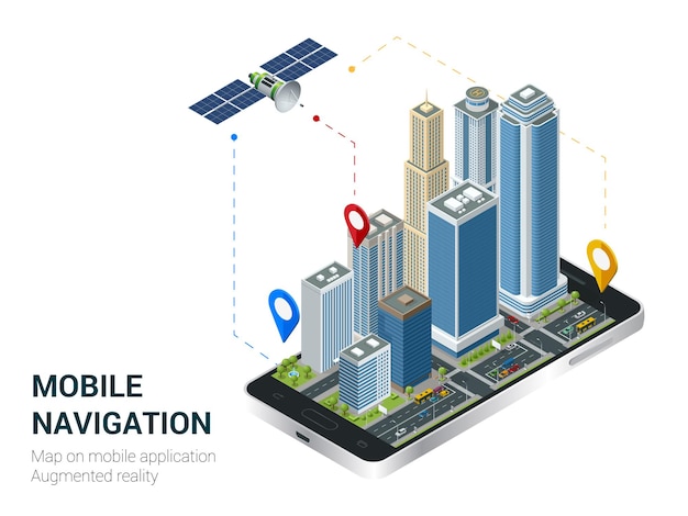 アイソメトリックスマートシティまたはモバイルナビゲーションの概念。モバイルGPSナビゲーションと追跡の概念。画面に都市地図のパスと位置マークが表示されたスマートフォン。