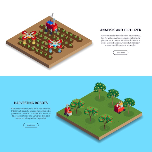 Vector isometric smart farm banners set with plantations and harvesting robots