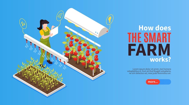 Isometric smart farm horizontal banner landing page illustration