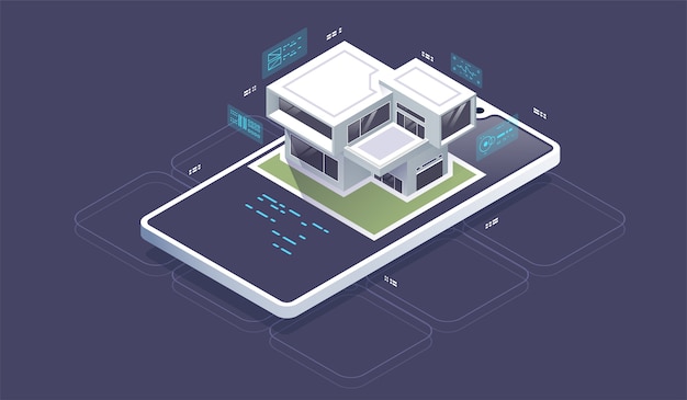 Изометрический интерфейс технологии умного дома на экране приложения смартфона с представлением дополненной реальности ar. небольшой дом, стоящий на экране мобильного телефона и беспроводной связи