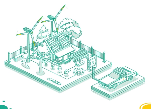 Isometric smart house with electric car solar panels wind turbine and electric transformer generation of green energy sustainable renewable lifestyle green energy industry vector illustration