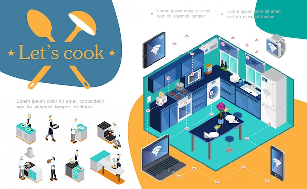 Isometric smart kitchen composition with wireless control of appliances using mobile laptop tablet smartwatches and professional chefs cooking different dishes