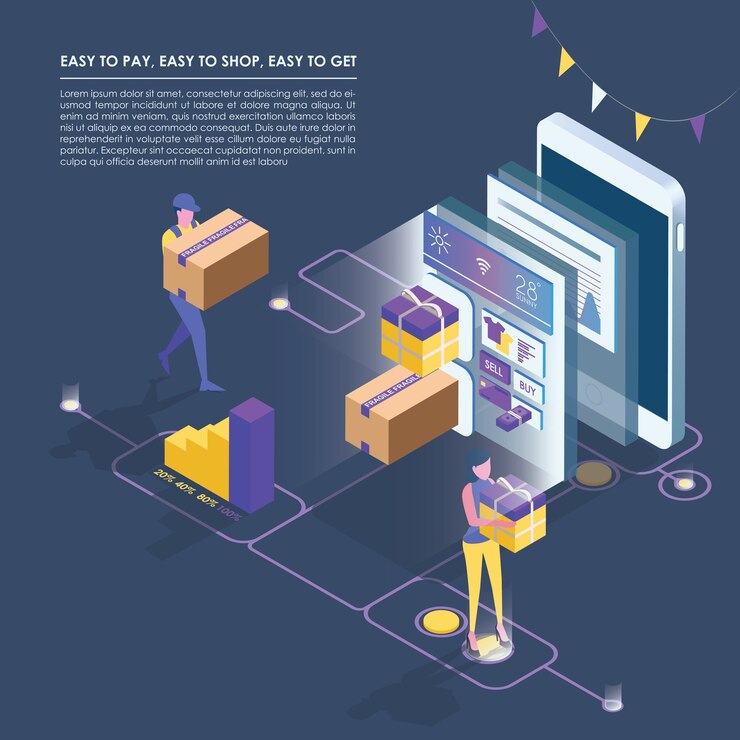 Vector isometric smart phone online shopping, mobile store, distant trade, e-commerce flat.