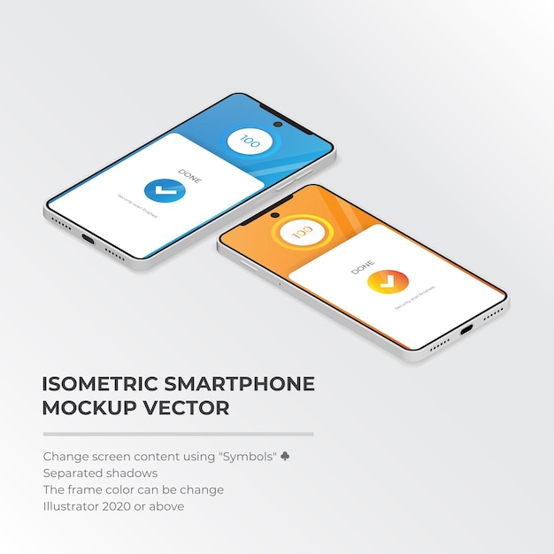 Vettore vettore isometrico di mockup di smartphone con ombre separate