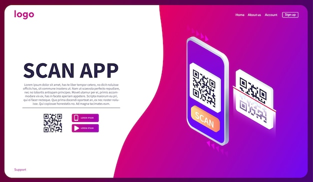 아이소메트릭 스마트폰 스캐닝 qr 코드 모바일 앱 웹 배너 개념 웹의 다운로드 페이지