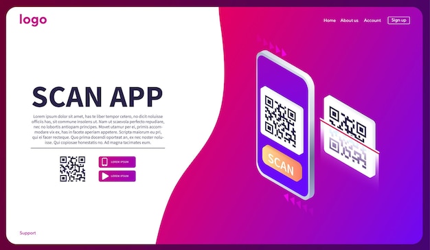 Isometric smartphone scanning qr code download page of the mobile app web banner concept web