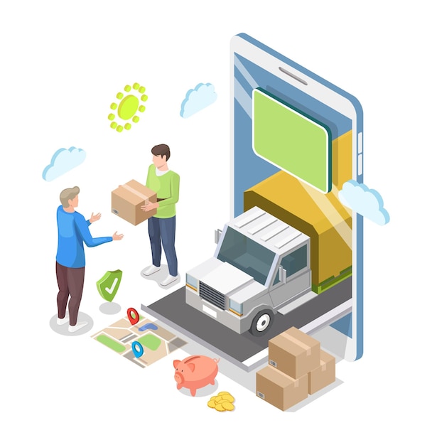 Isometric smartphone truck courier giving parcel to customer flat vector illustration online home de...