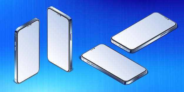 Isometric smartphone with metal frame Modern mobile phone with empty screen mockup