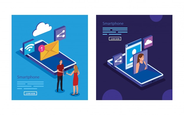 Isometric smartphones and people vector design