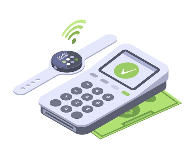 Isometric smartwatch payment with payment terminal flat symbols illustration set contactless payment