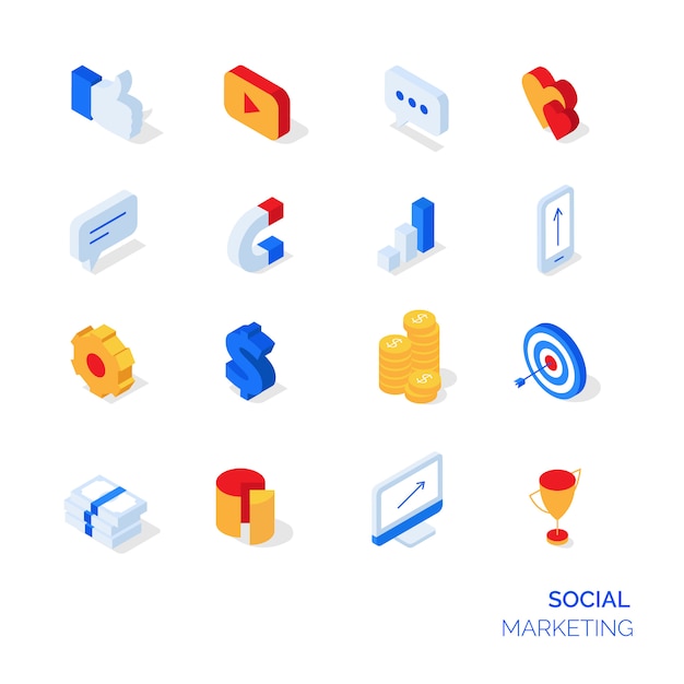 Isometric social marketing icons