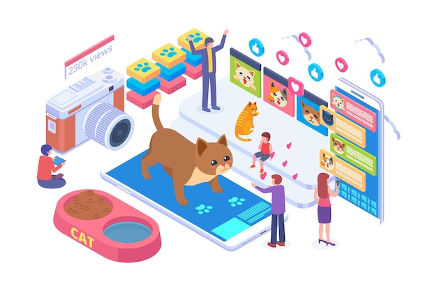 Isometric social media cat lover vector concept