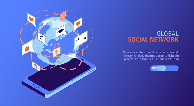 Isometric social media horizontal banner with global social network