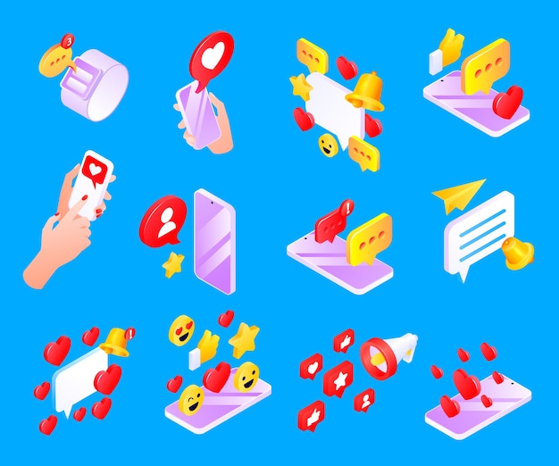 isometric social media notifications icons set