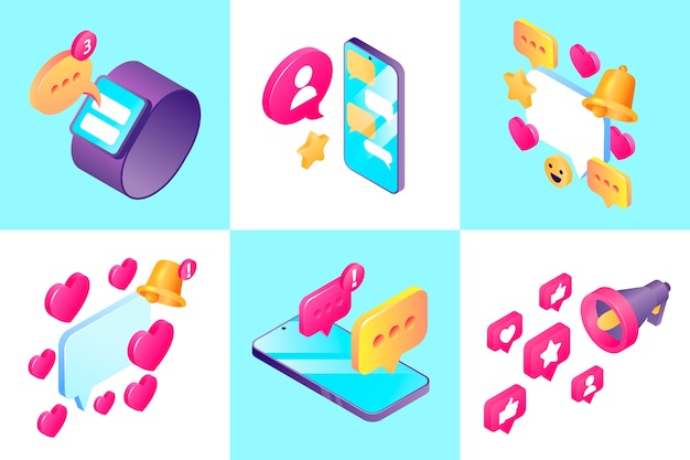 isometric social media notifications mini illustration collection